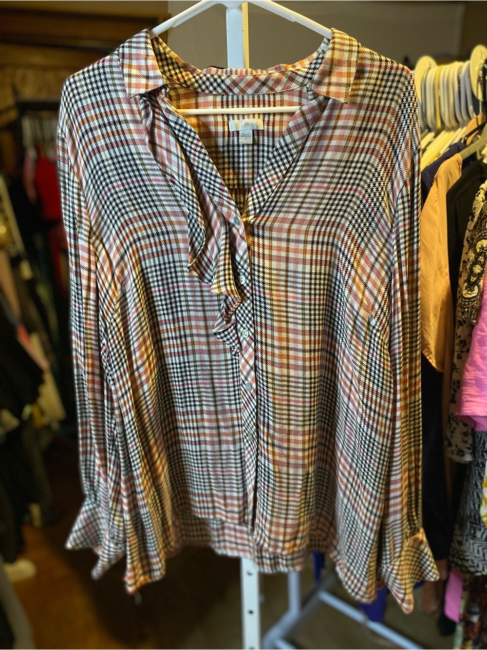J. Jill Plaid Ruffle-Front Blouse in Brown, Black and Cream